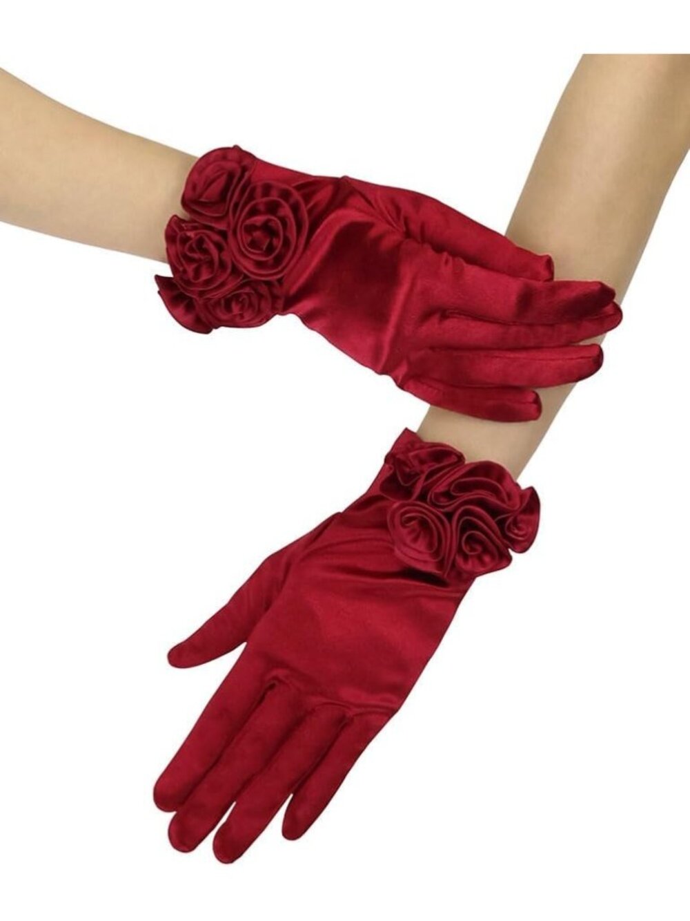Women's Burgundy Short Satin Floral Wedding Dress Opera Gloves Party Accessories